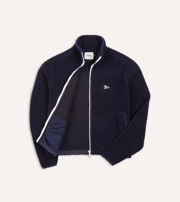 Drake's Navy Boucle Wool Zip Fleece Jacket