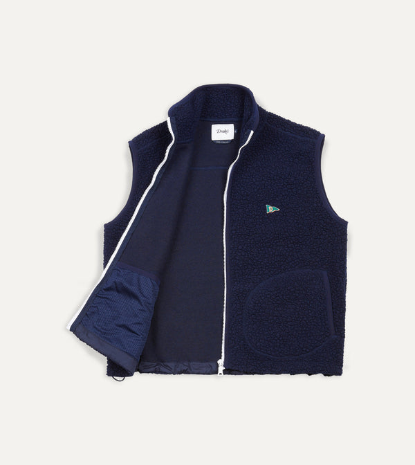 Drake's Navy Boucle Wool Zip Fleece Vest