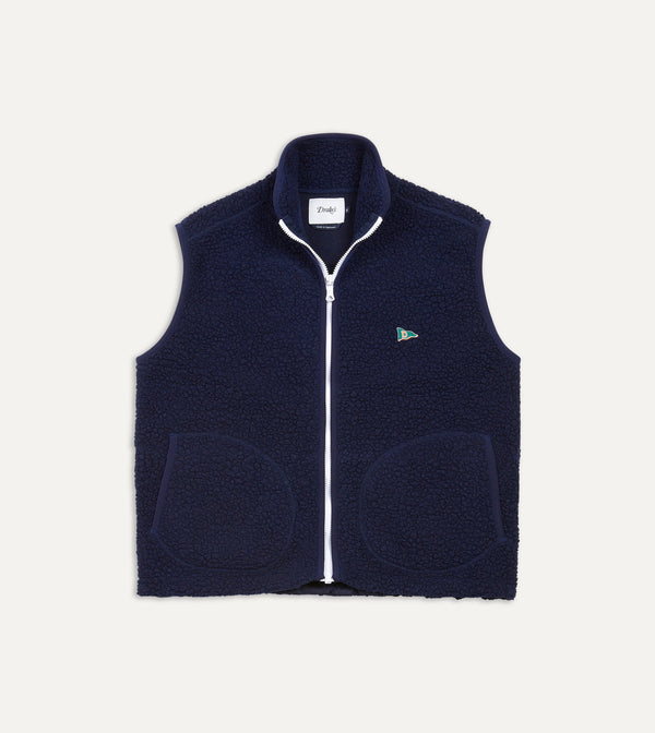 drake's Navy Boucle Wool Zip Fleece Vest