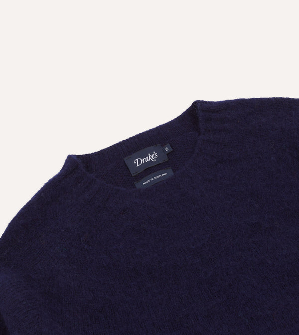 Drake's Navy Brushed Shetland Crew Neck Jumper