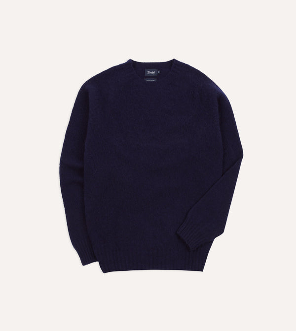 drake's Navy Brushed Shetland Crew Neck Jumper