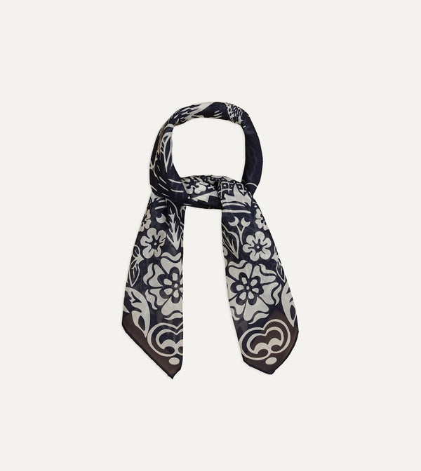 Drake's Navy Cockerel Print Silk-Cotton Bandana