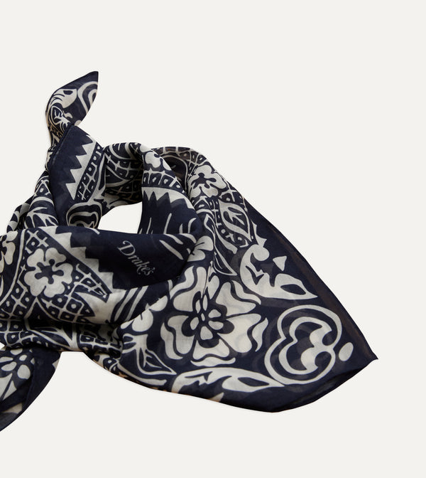 Drake's Navy Cockerel Print Silk-Cotton Bandana