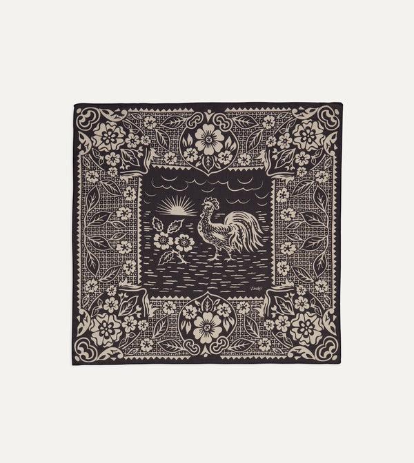 drake's Navy Cockerel Print Silk-Cotton Bandana