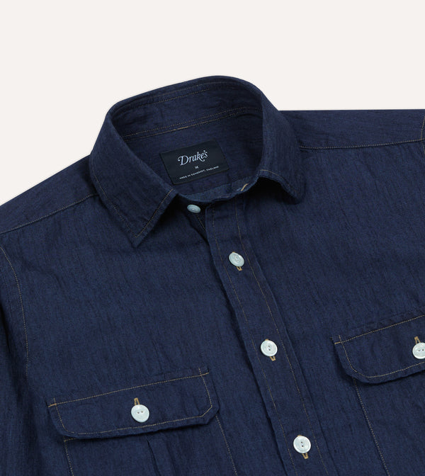 Drake's Navy Cotton Linen Two-Pocket Work Shirt