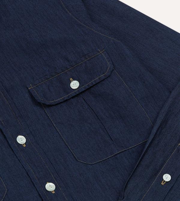 Drake's Navy Cotton Linen Two-Pocket Work Shirt