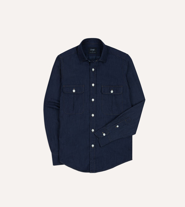 drake's Navy Cotton Linen Two-Pocket Work Shirt