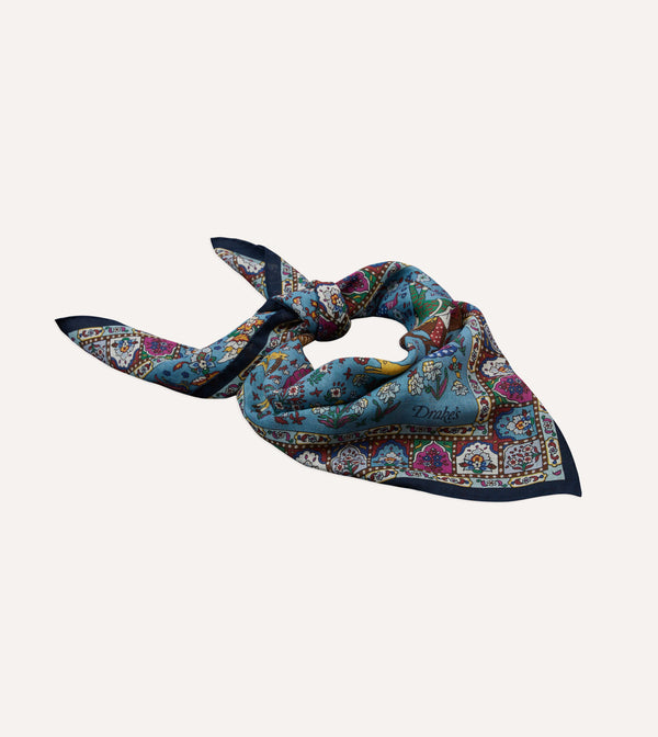 Drake's Navy Floral Mughal Print Wool-Silk Bandana
