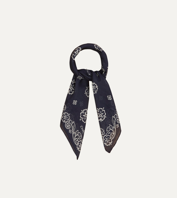Drake's Navy Flower Print Silk-Cotton Bandana