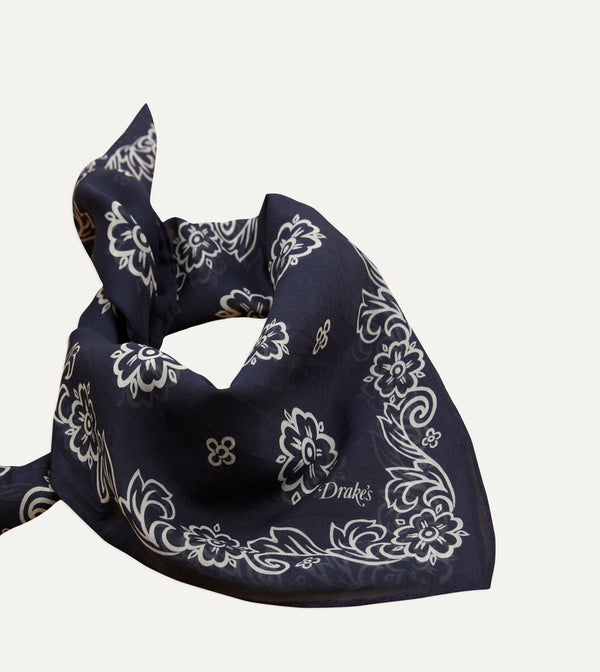 Drake's Navy Flower Print Silk-Cotton Bandana