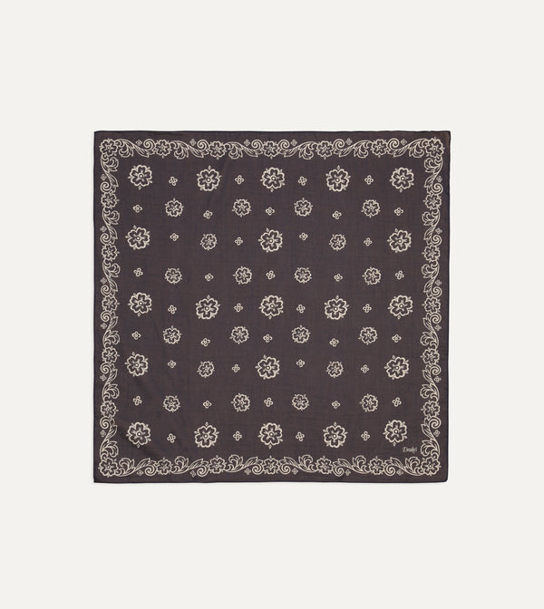 drake's Navy Flower Print Silk-Cotton Bandana