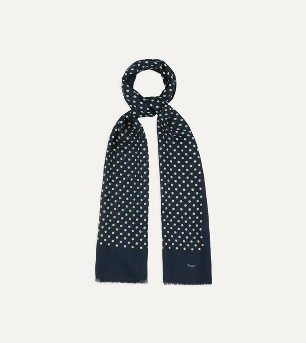 Drake's Navy Hand-Drawn Polka Dot Wool-Silk Scarf