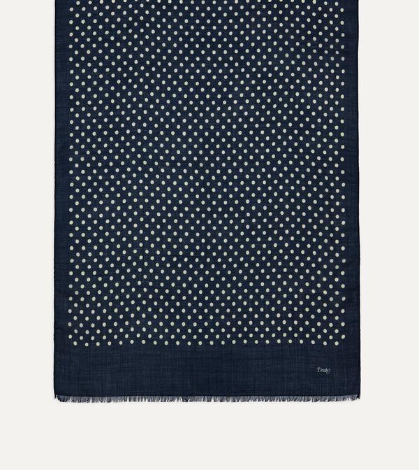 Drake's Navy Hand-Drawn Polka Dot Wool-Silk Scarf