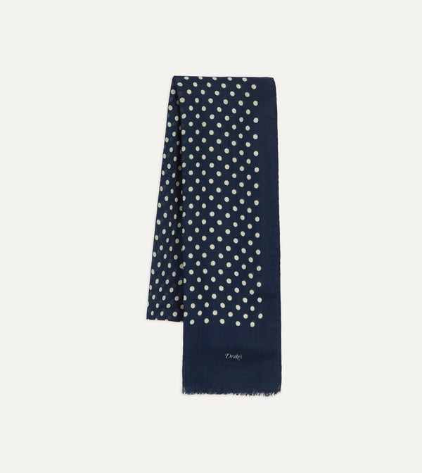 drake's Navy Hand-Drawn Polka Dot Wool-Silk Scarf