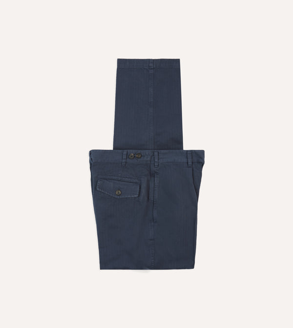 drake's Navy Herringbone Cotton Games Trousers