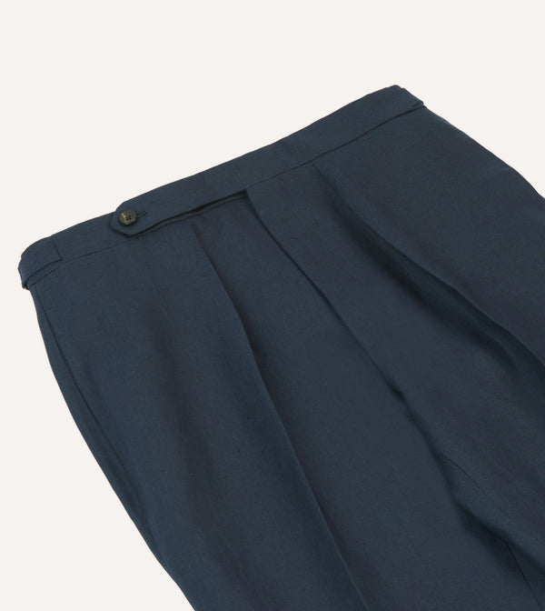 Drake's Navy Irish Linen Single Pleat Trouser
