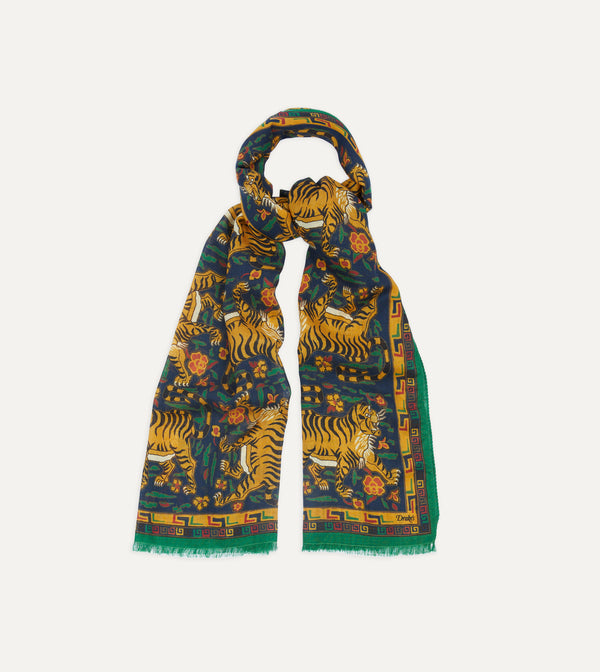 Drake's Navy Jumbo Tiger Print Wool-Silk Scarf
