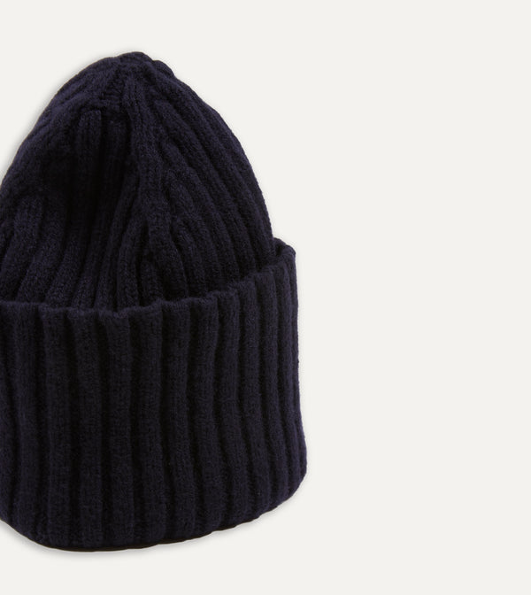 Drake's Navy Lambswool Ribbed Knit Cap