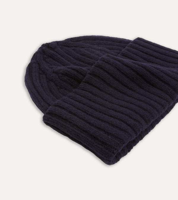 Drake's Navy Lambswool Ribbed Knit Cap