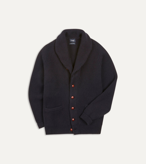 drake's Navy Lambswool Shawl Collar Cardigan