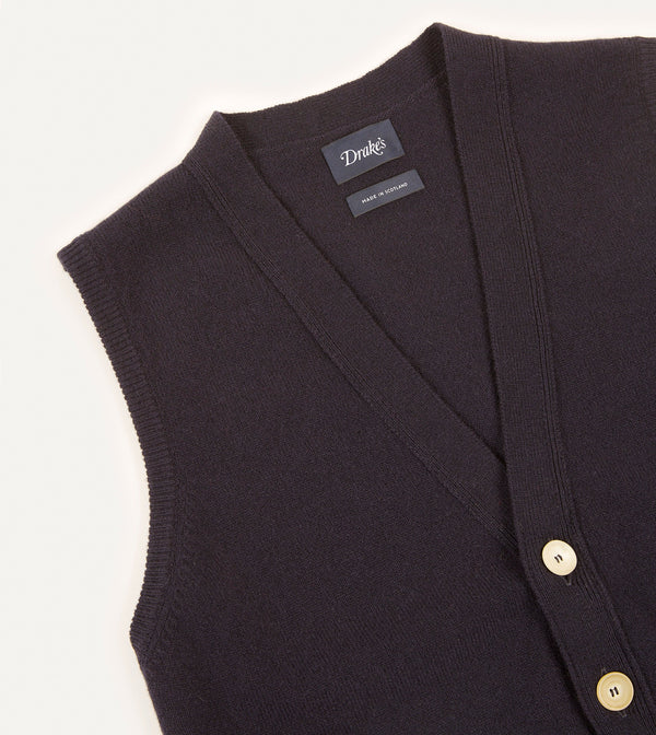 Drake's Navy Lambswool Sleeveless Cardigan