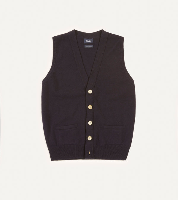 drake's Navy Lambswool Sleeveless Cardigan