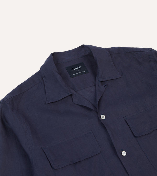 Drake's Navy Linen Camp Collar Long Sleeve Shirt