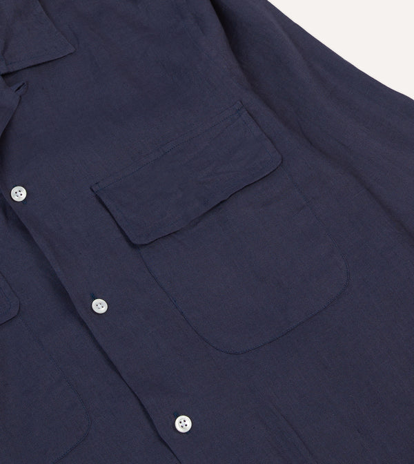 Drake's Navy Linen Camp Collar Long Sleeve Shirt