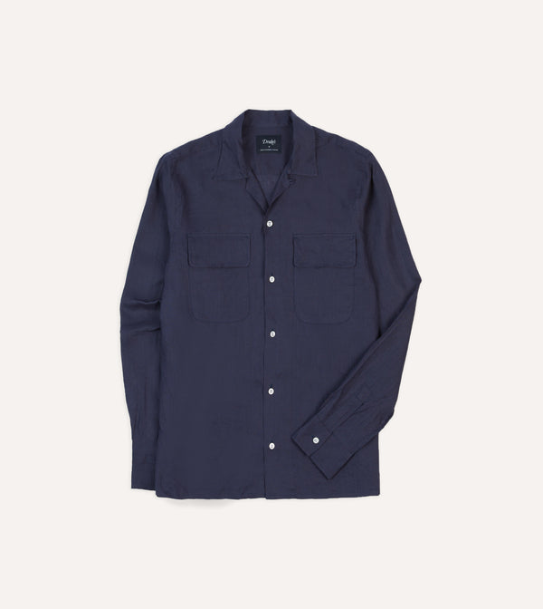 drake's Navy Linen Camp Collar Long Sleeve Shirt