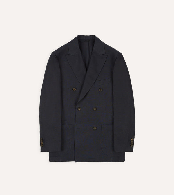 drake's Navy Linen Double-Breasted Tailored Jacket