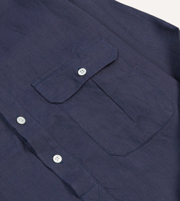 Drake's Navy Linen Long Point Collar Popover Shirt