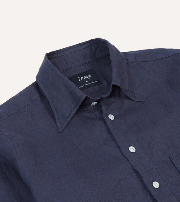 Drake's Navy Linen Long Point Collar Popover Shirt
