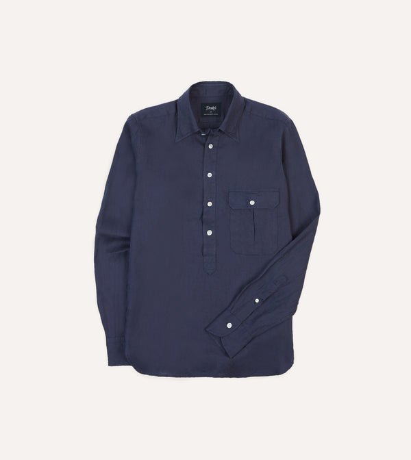 drake's Navy Linen Long Point Collar Popover Shirt