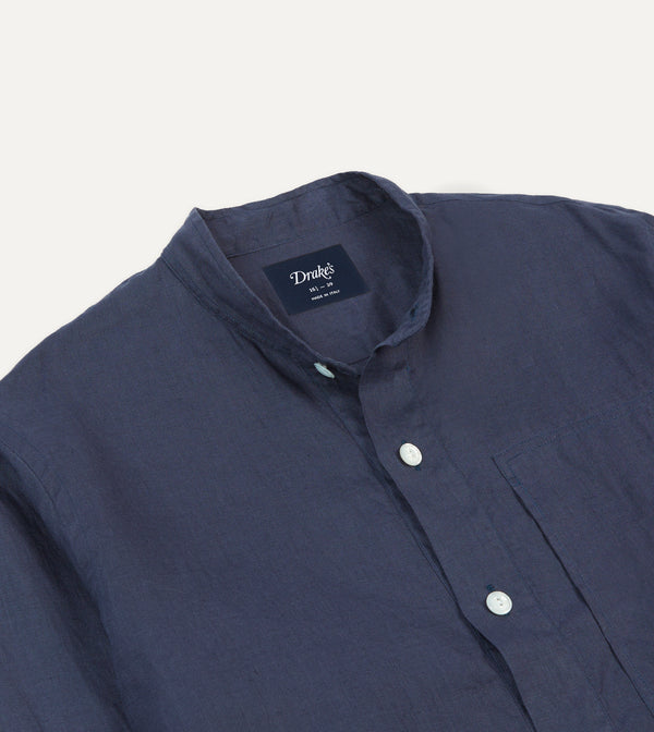 Drake's Navy Linen Mandarin Collar Popover Shirt
