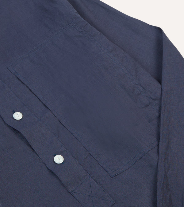 Drake's Navy Linen Mandarin Collar Popover Shirt