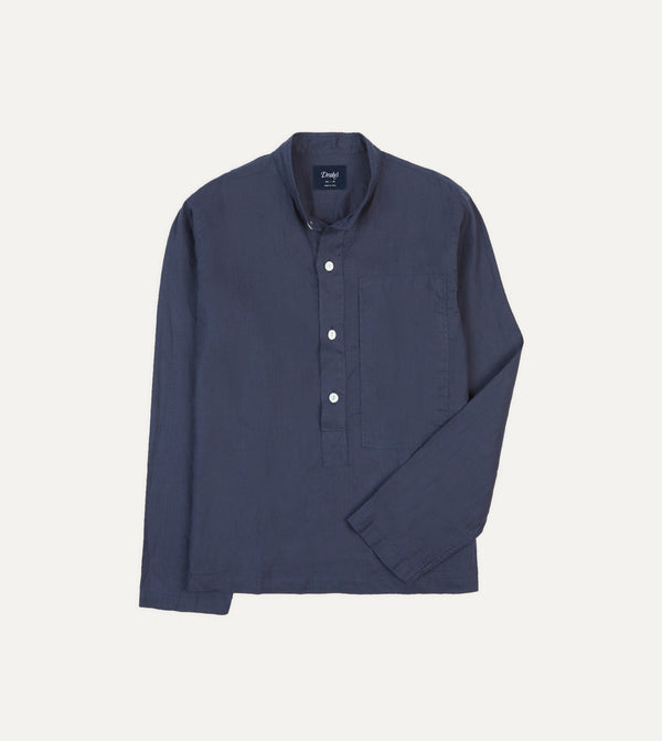 drake's Navy Linen Mandarin Collar Popover Shirt
