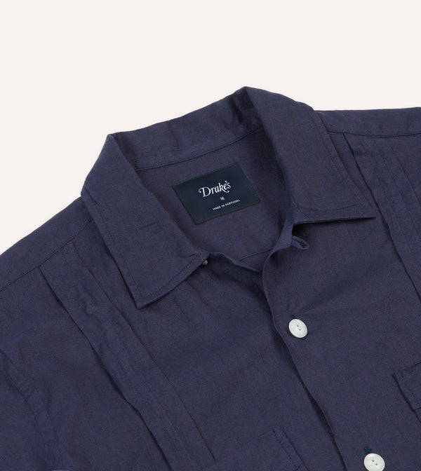 Drake's Navy Linen Short Sleeve Cuban Shirt