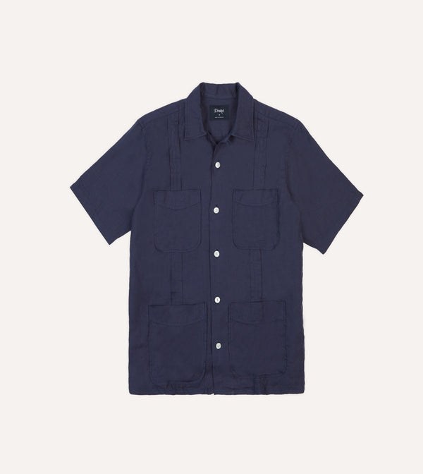 drake's Navy Linen Short Sleeve Cuban Shirt