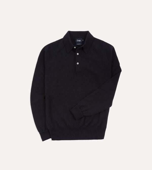 drake's Navy Merino Wool Knitted Polo