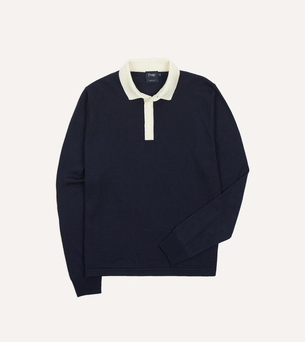 drake's Navy Merino Wool Knitted Rugby Shirt