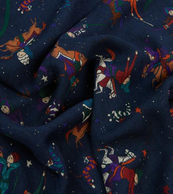 Drake's Navy Mughal And Stars Print Wool Scarf