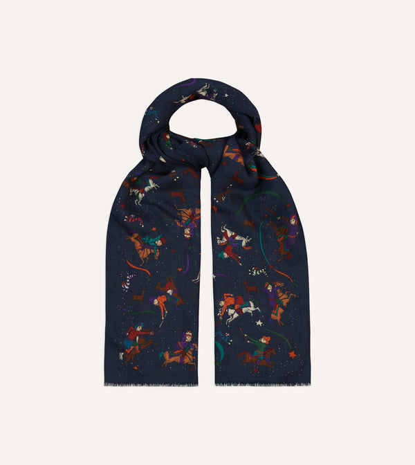 Drake's Navy Mughal And Stars Print Wool Scarf
