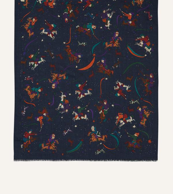 Drake's Navy Mughal And Stars Print Wool Scarf