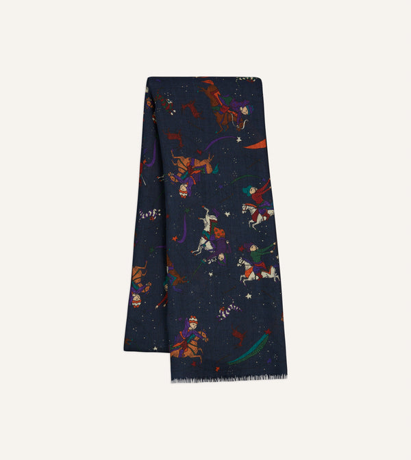 drake's Navy Mughal and Stars Print Wool Scarf