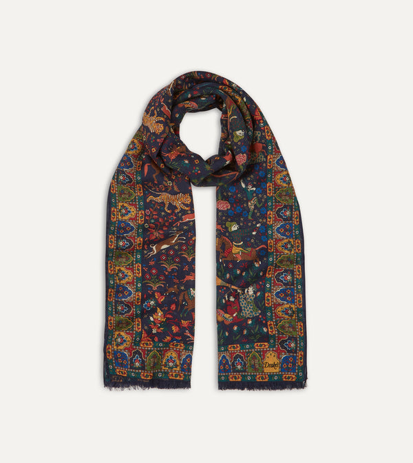 Drake's Navy Mughal Hunter Print Wool-Silk Scarf