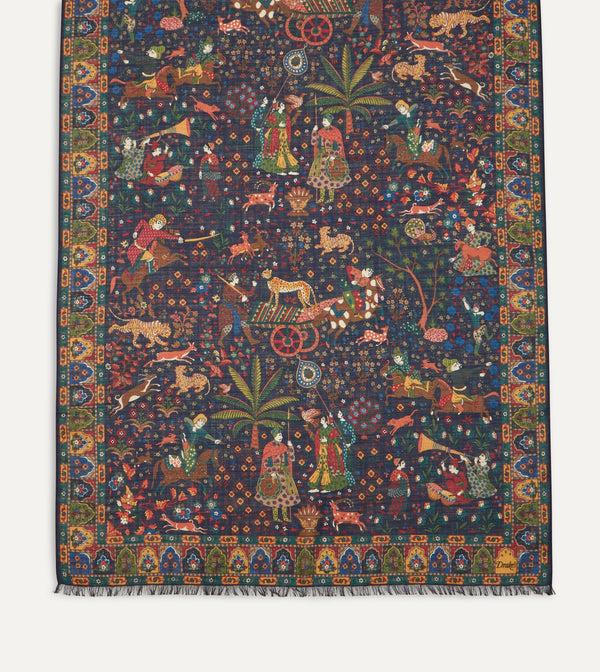 Drake's Navy Mughal Hunter Print Wool-Silk Scarf