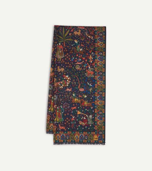 drake's Navy Mughal Hunter Print Wool-Silk Scarf