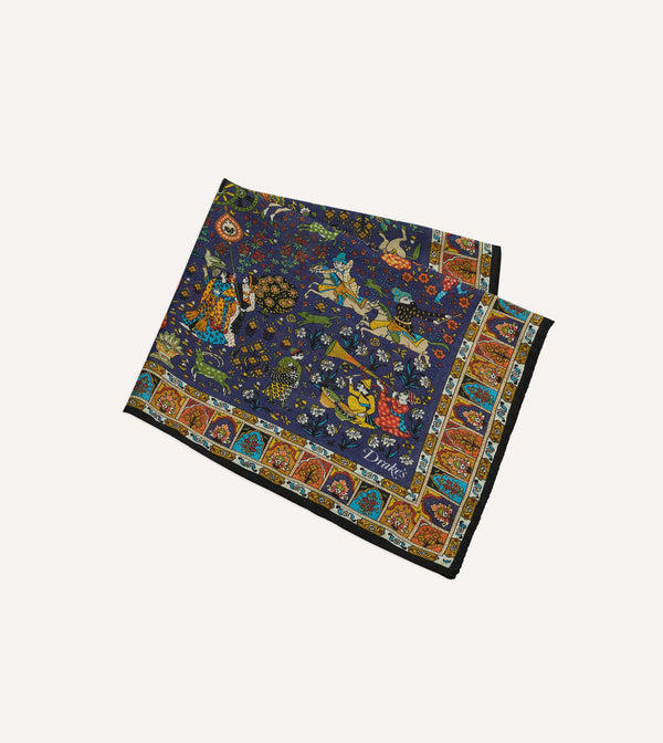 Drake's Navy Mughal Print Wool-Silk Pocket Square