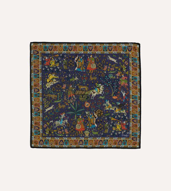 drake's Navy Mughal Print Wool-Silk Pocket Square