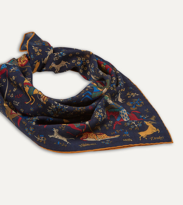 Drake's Navy Mughal Print Wool-Silk Square Scarf